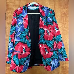 Russ Red and Blue Blazer Vibrant Floral Print